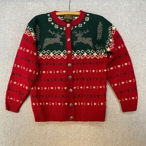 Vintage Eddie Bauer Small Womens Cardigan Christmas Sweater Reindeer Wool Nordic